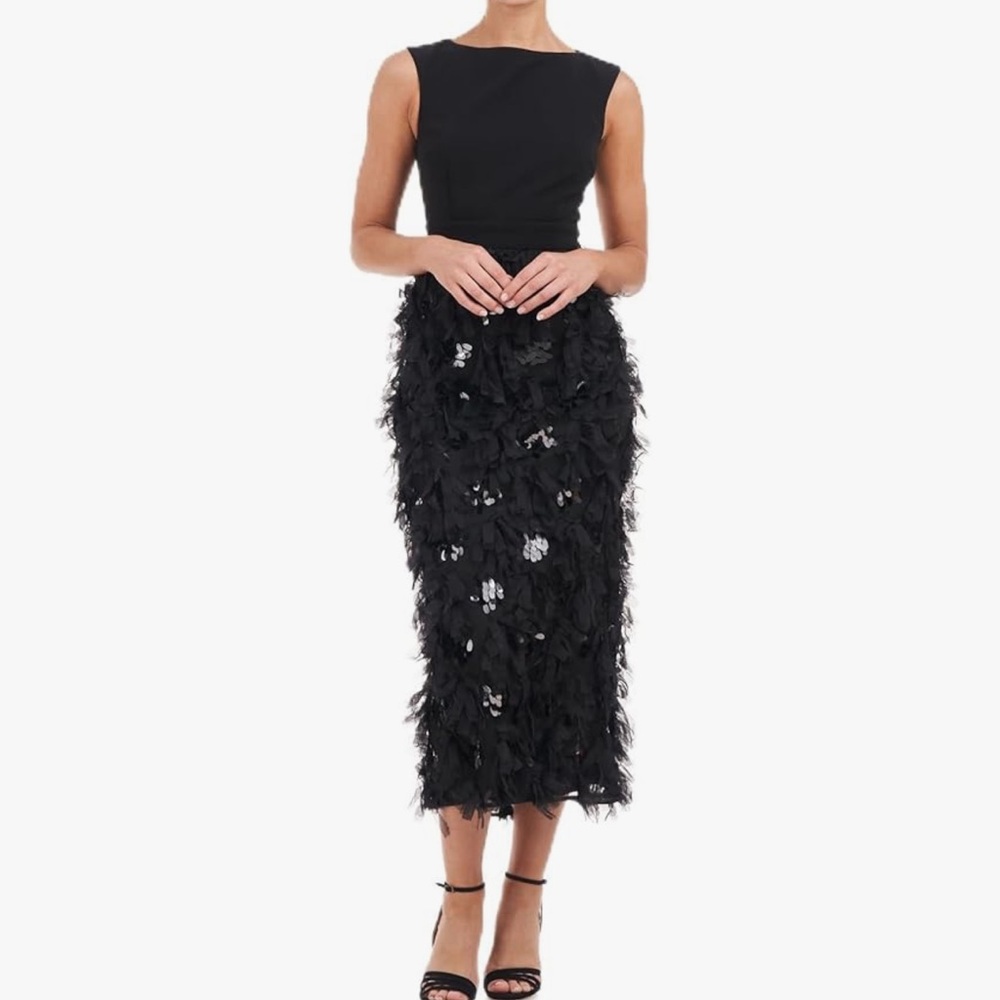 NWT JS COLLECTIONS TEA LENGTH DRESS - Black & Sequin Feathered Skirt
